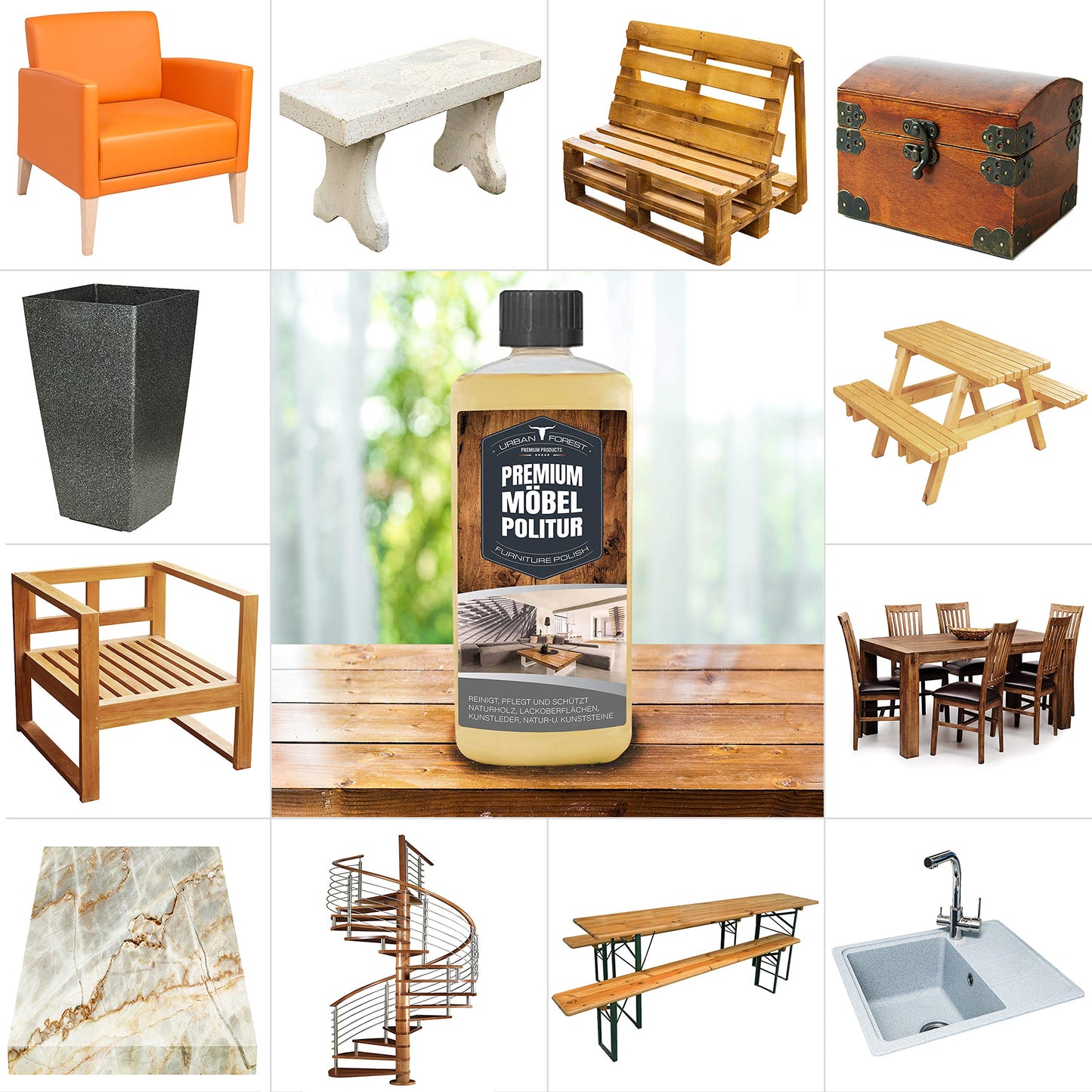 Limpiador de muebles prémium, cuidado y limpieza de muebles, superficies de barniz, superficies de plástico, cuero sintético, natural y piedras artificiales, superficies de piel, bosques urbanos