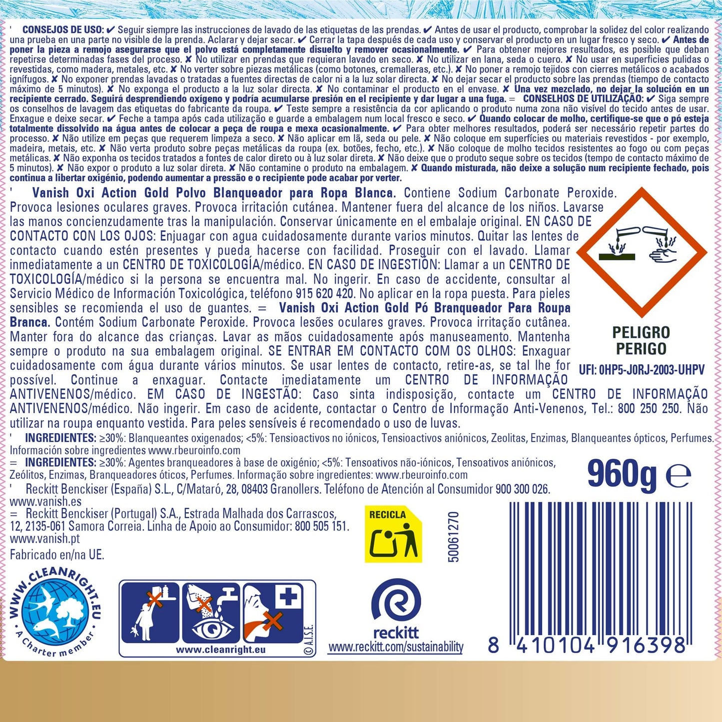 Vanish Oxi Action Gold Multipoder Quitamanchas Multibeneficio, Blanqueador y Potenciador de Lavado, para Ropa Blanca, en Polvo, sin Lejía, 960 gr