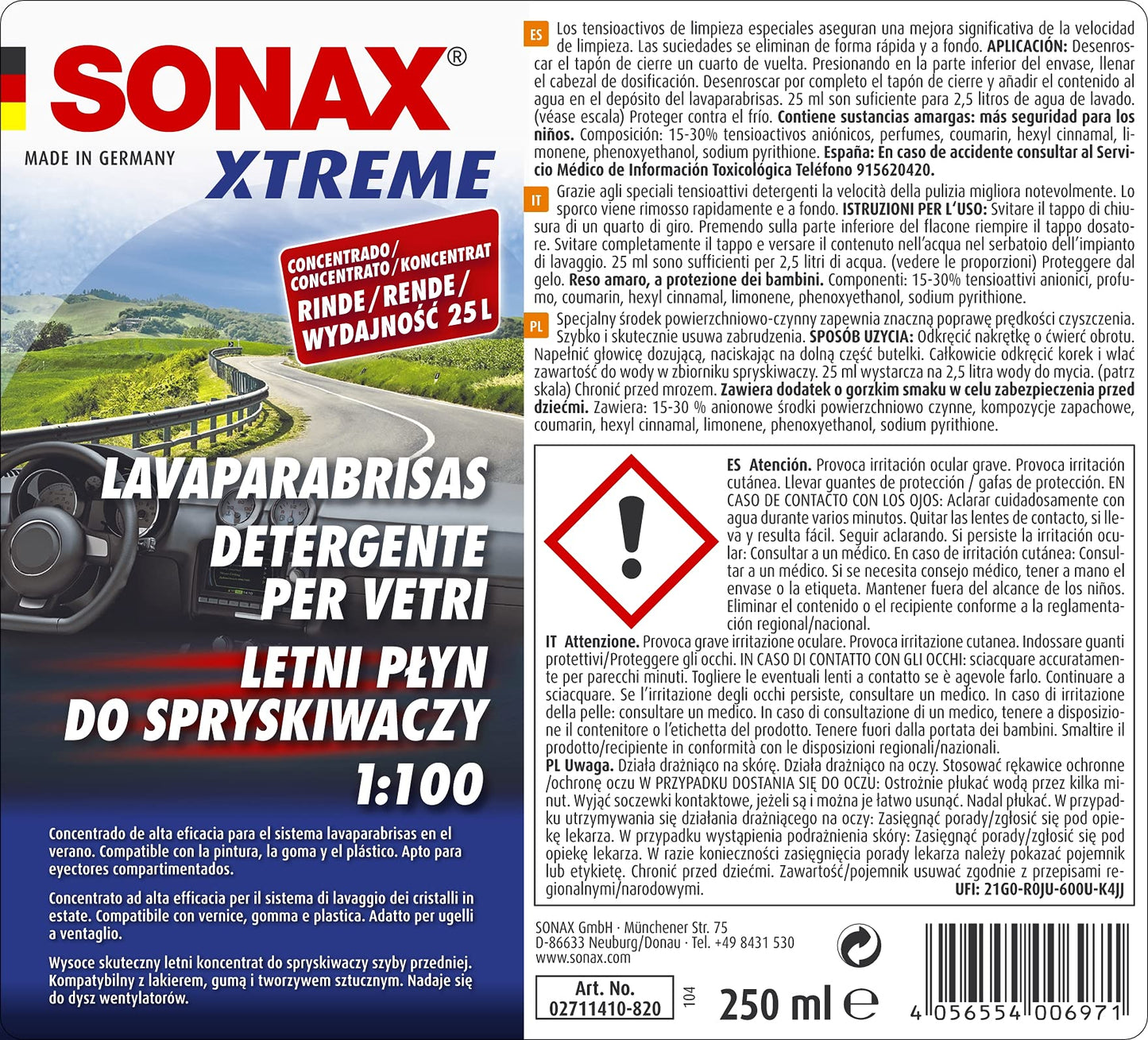 SONAX Xtreme Limpiacristales Concentrado 1:100 (250 ml) para el Sistema de limpiaparabrisas, eficaz contra la Suciedad y Suave con los Materiales | N.° 02711410-820