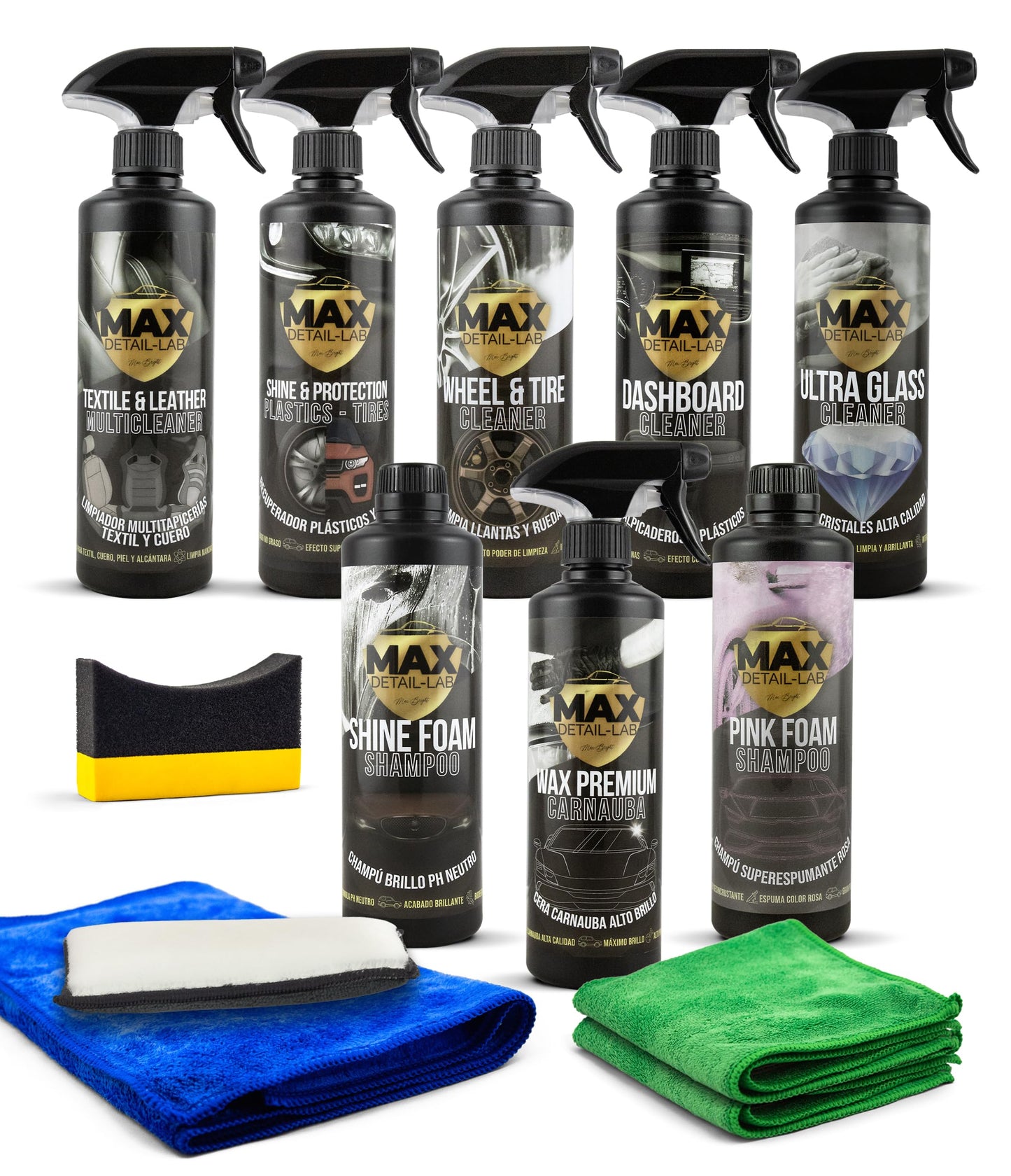 MAX DETAIL-LAB - Detailing Pack - Kit Limpieza Coche Accesorios Incluidos, Productos Limpieza Exterior e Interior, Limpia Llantas, Champu, Cera Líquida, Tapicerias, Salpicaderos, Limpiacristales