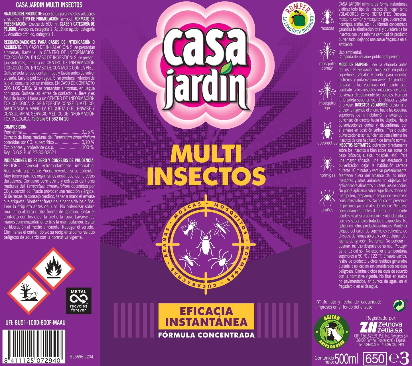 CASA JARDÍN | Aerosol insecticida | Multi Insectos | Eficacia Instantánea | Fórmula Concentrada | 500 ml