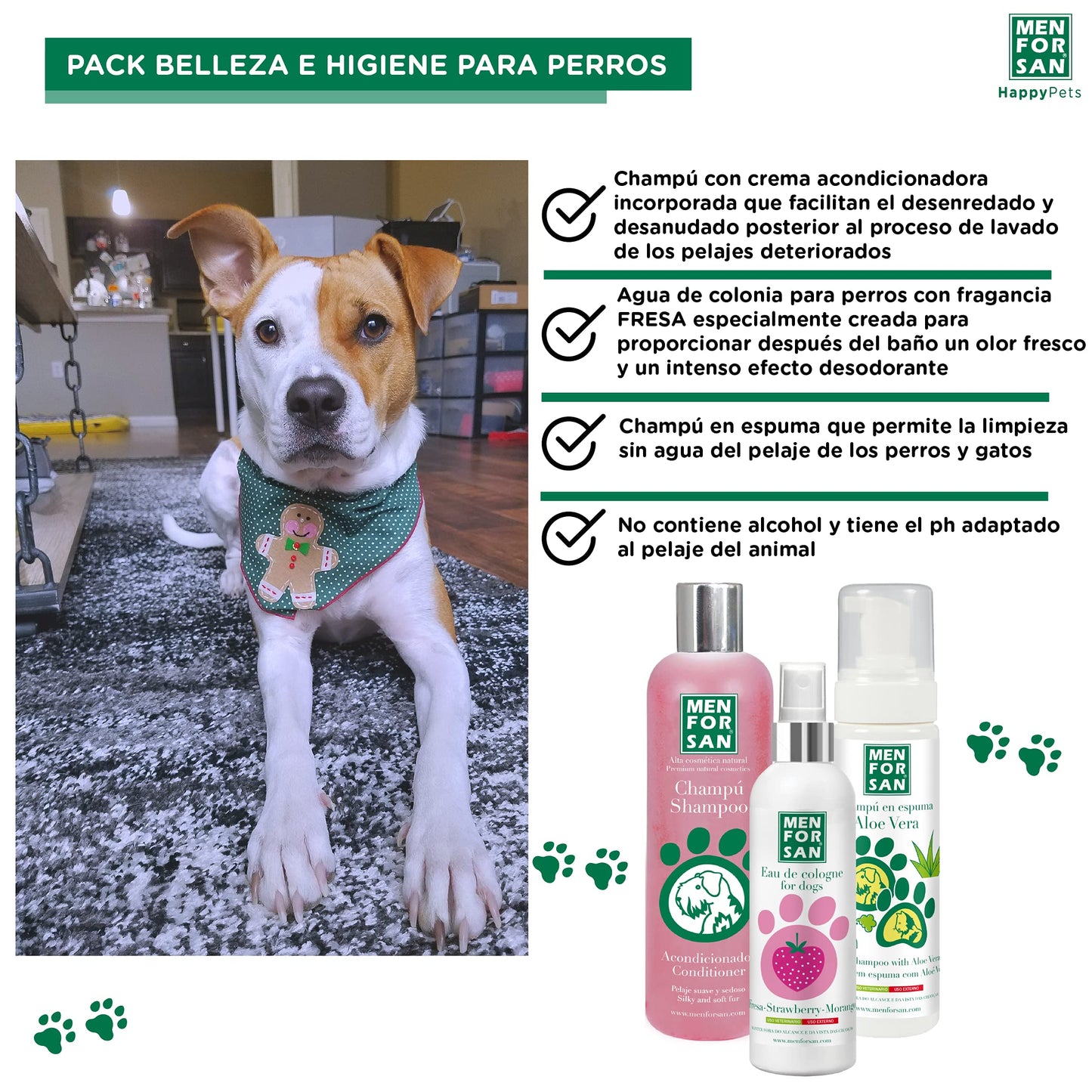 MENFORSAN Pack Higiene y Belleza, Champú Acondicionador, 300ml, Colonia Fresa 125ml, Champú en Espuma para Perros y Gatos 200ml, Rico Aroma a Fresa