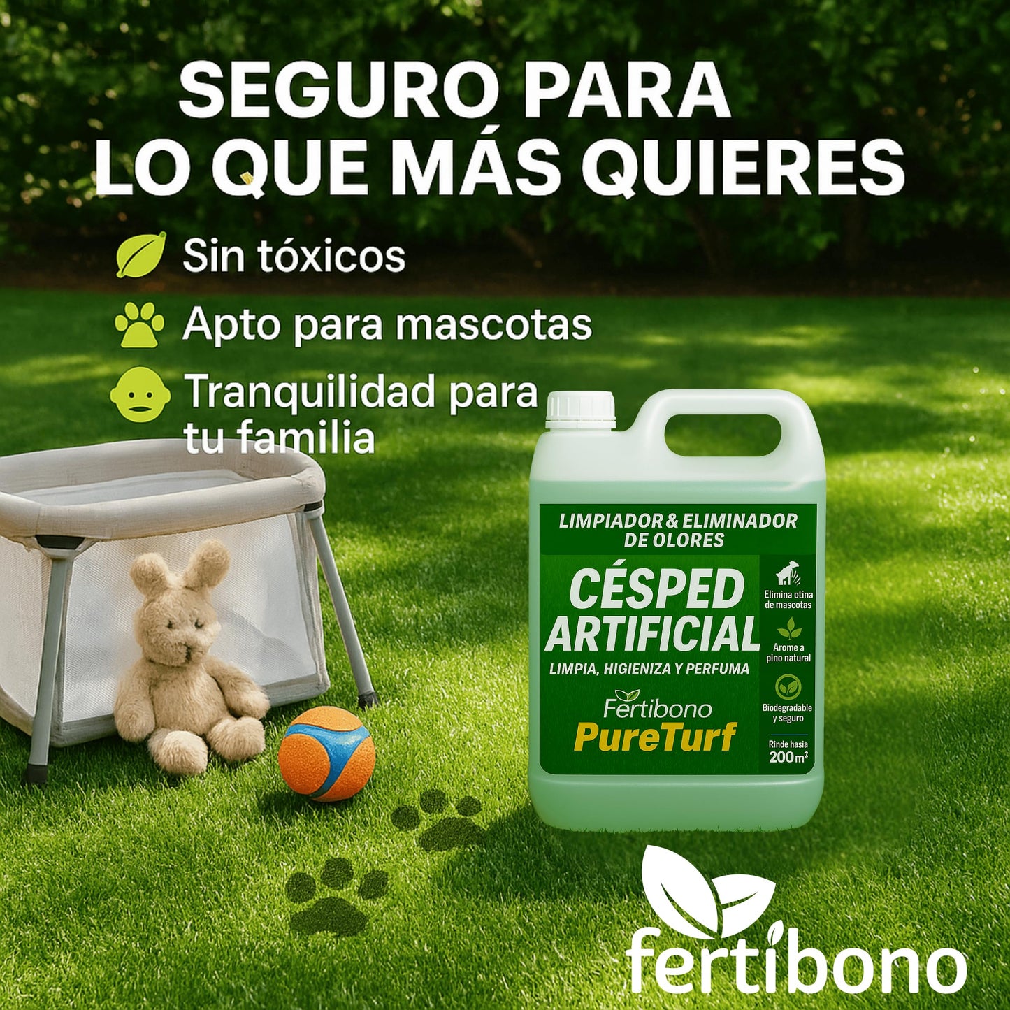 Fertibono Higienizador Cesped Artificial, (5L), Protege a tus Niños: Deshazte de los Olores, Virus y Bacterias de Orina de Mascotas para un Césped Seguro y Limpio.