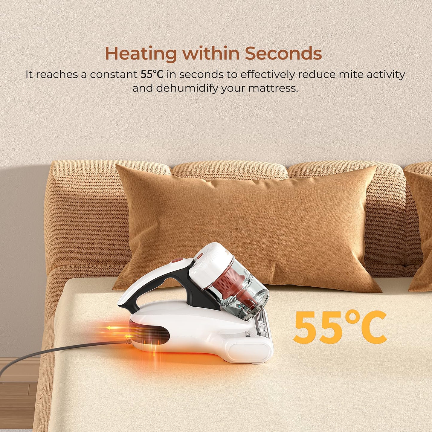 JIGOO Aspiradora de Ácaros con Sensor de Ácaros y Pantalla LED Inteligente, Aspiradora Antiácaros para Colchones con luz UV, Combate Las chinches, Elimina el 99,9% de los alérgenos, Especial Alergias
