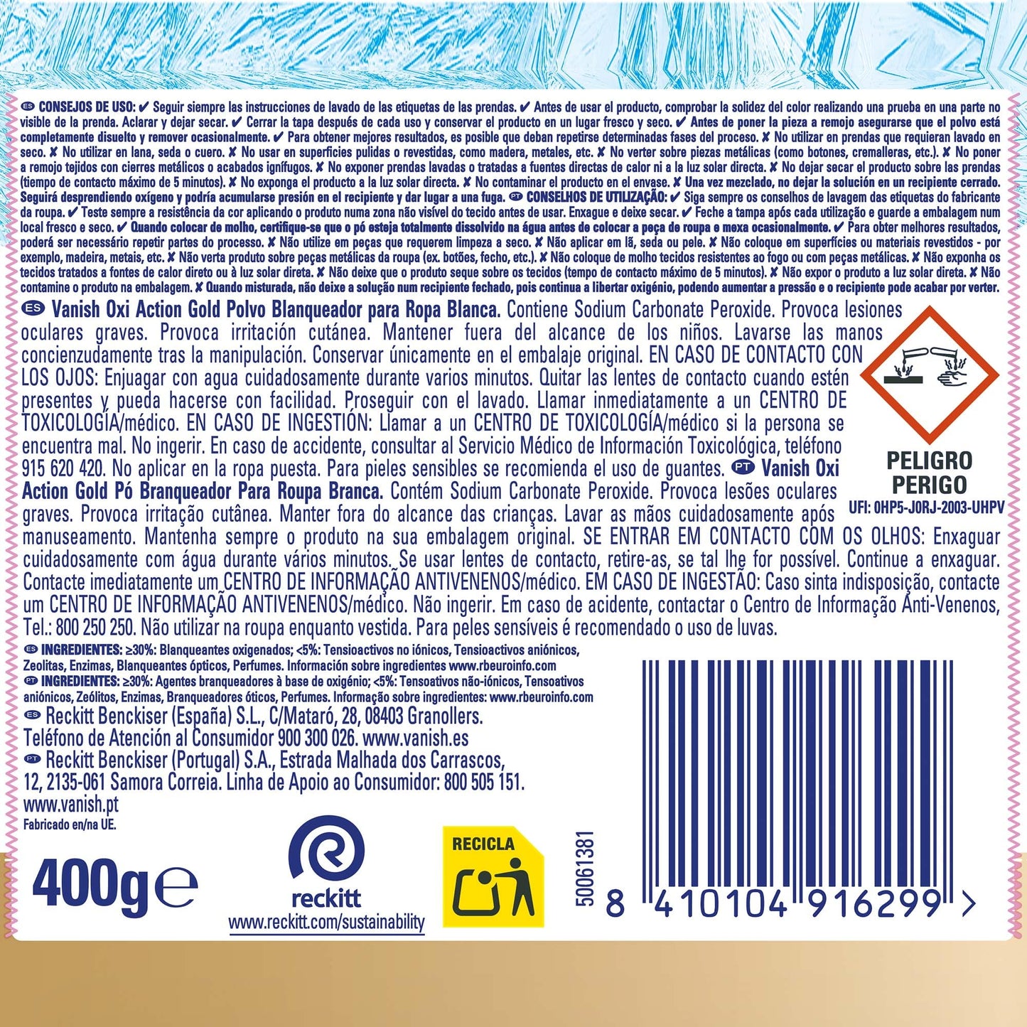 Vanish Oxi Action Gold - Quitamanchas multibeneficio, blanqueador y potenciador del lavado, para ropa blanca, En Polvo, sin lejía - Megapack 2,4kg (6x400gr)