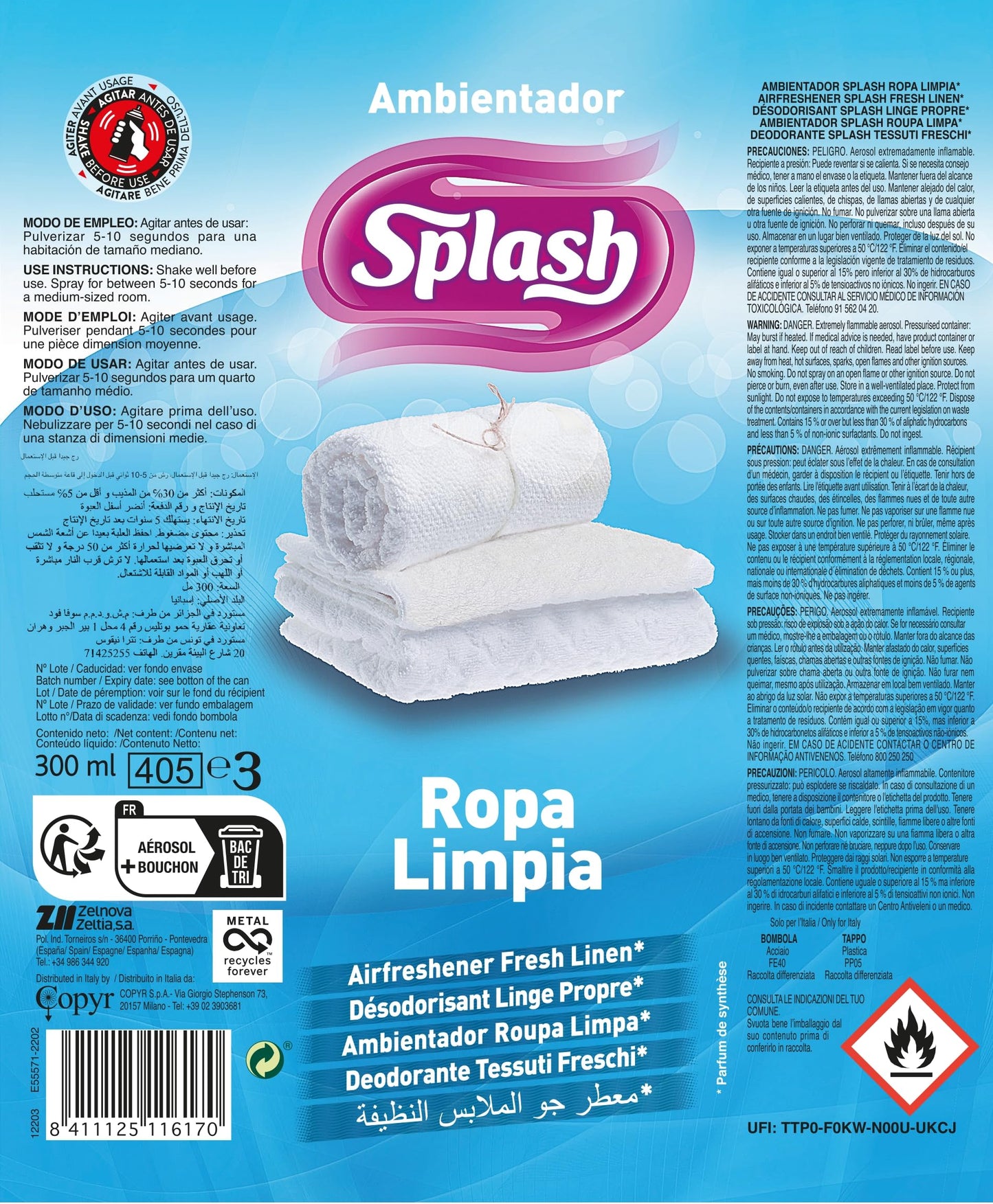 SPLASH | Spray Aromatizador | Ambientador Duradero, Refresca y Elimina Olores | Fragancia Fresca Ropa Limpia | Agitar Antes de Usar | 300 ml