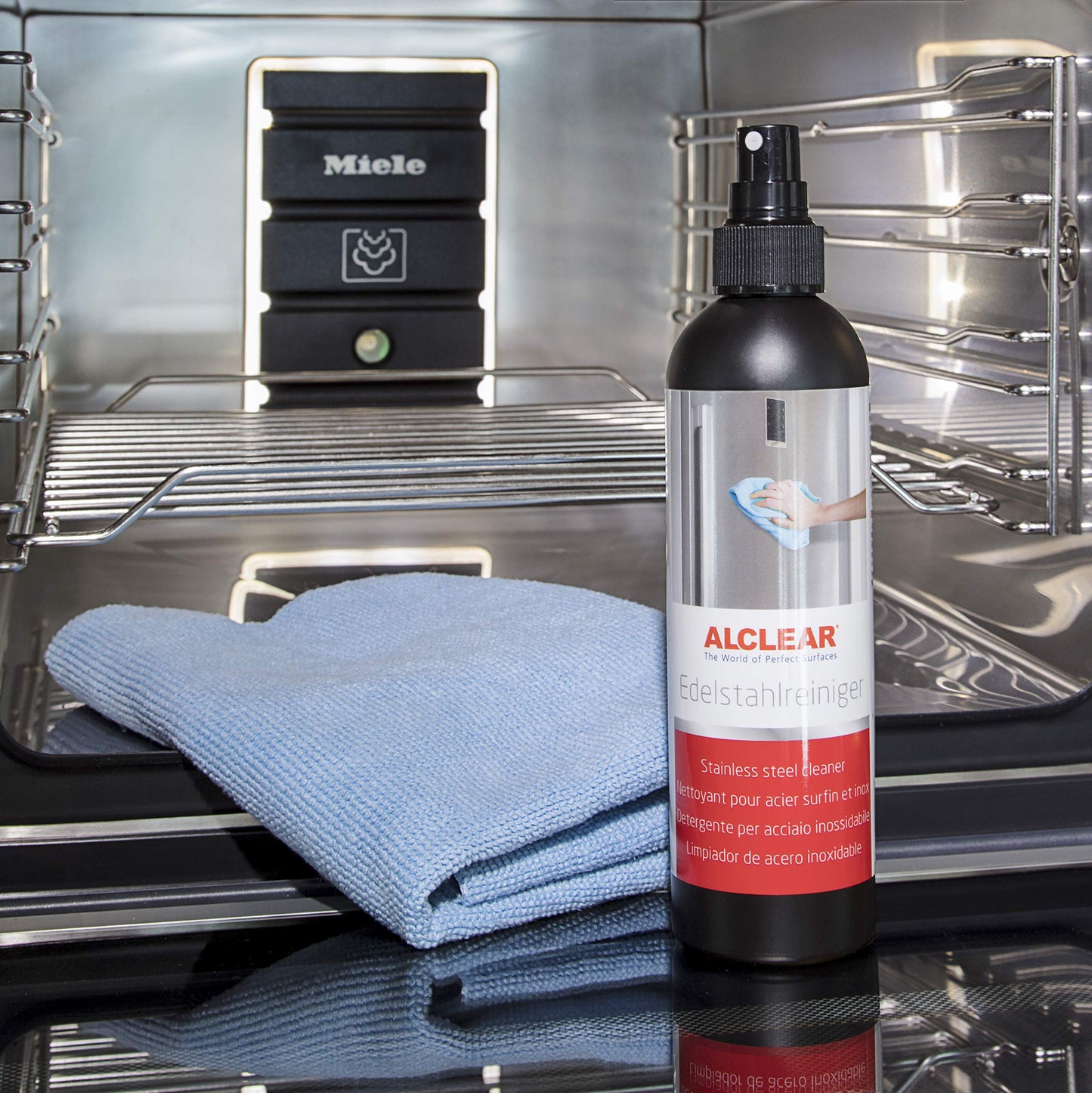 ALCLEAR 721ER - Limpiador profesional de acero inoxidable de 250 ml y paño de microfibra, limpia sin rayas, contra la suciedad, las huellas dactilares y la grasa