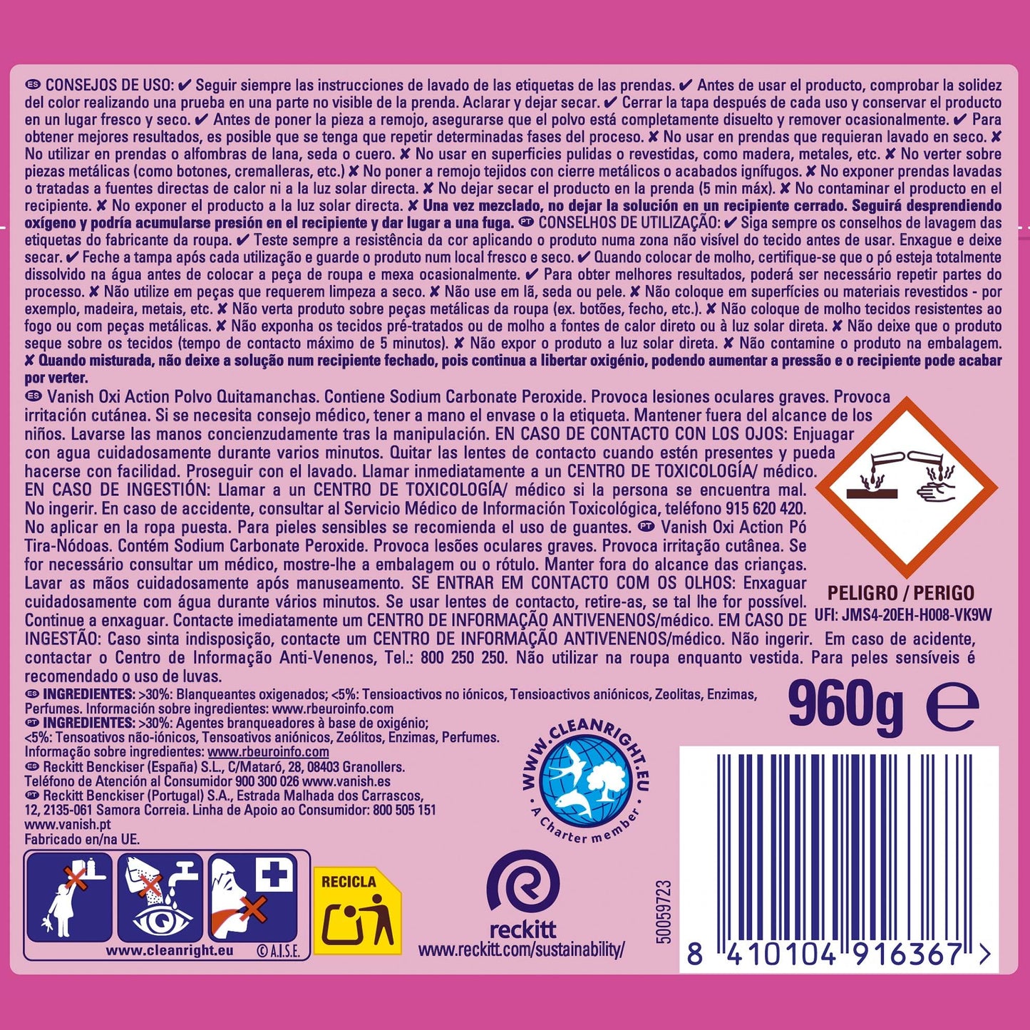 Vanish Oxi Action - Quitamanchas para Ropa Blanca y de Color, en Polvo, Sin Lejía - Pack de 2 x 960 g