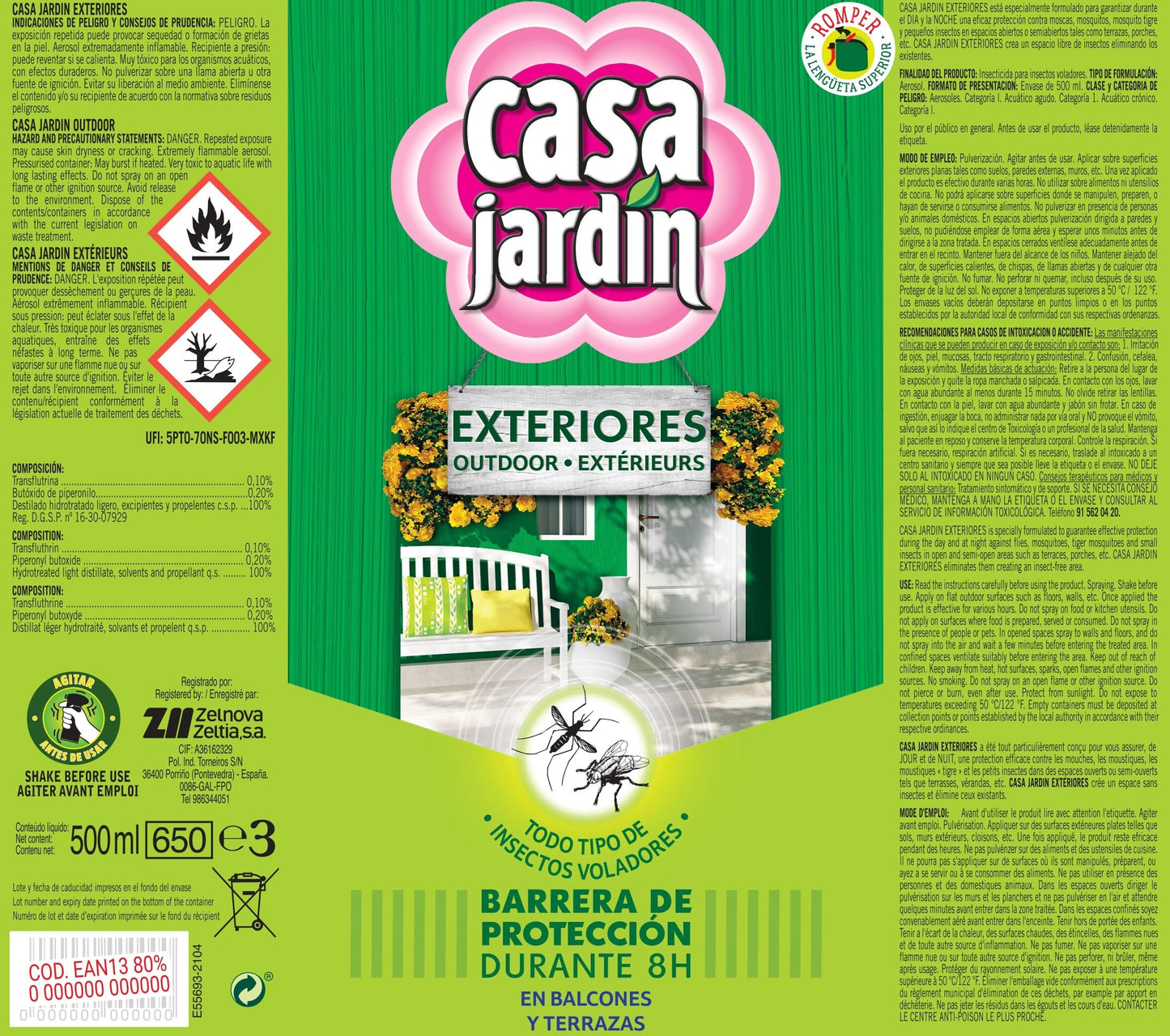 CASA JARDIN | Aerosol Insecticida | Indicado Espacios Abiertos o Semiabiertos | Barrera de Protección Durante 8 Horas | Contenido: 500 ml