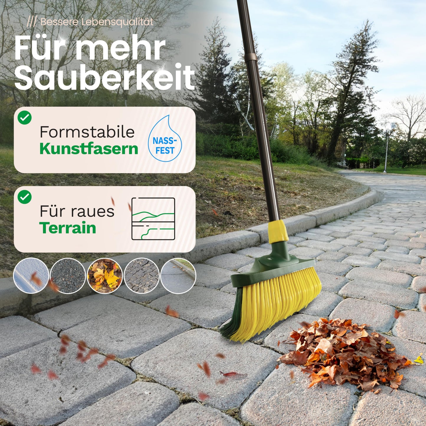 Novaliv Escoba premium con mango de 40 cm, incluye recogedor para exteriores, cepillo especial de cerdas curvas, ideal como escoba de jardín, escoba rascadora, escoba de césped artificial, ideal para