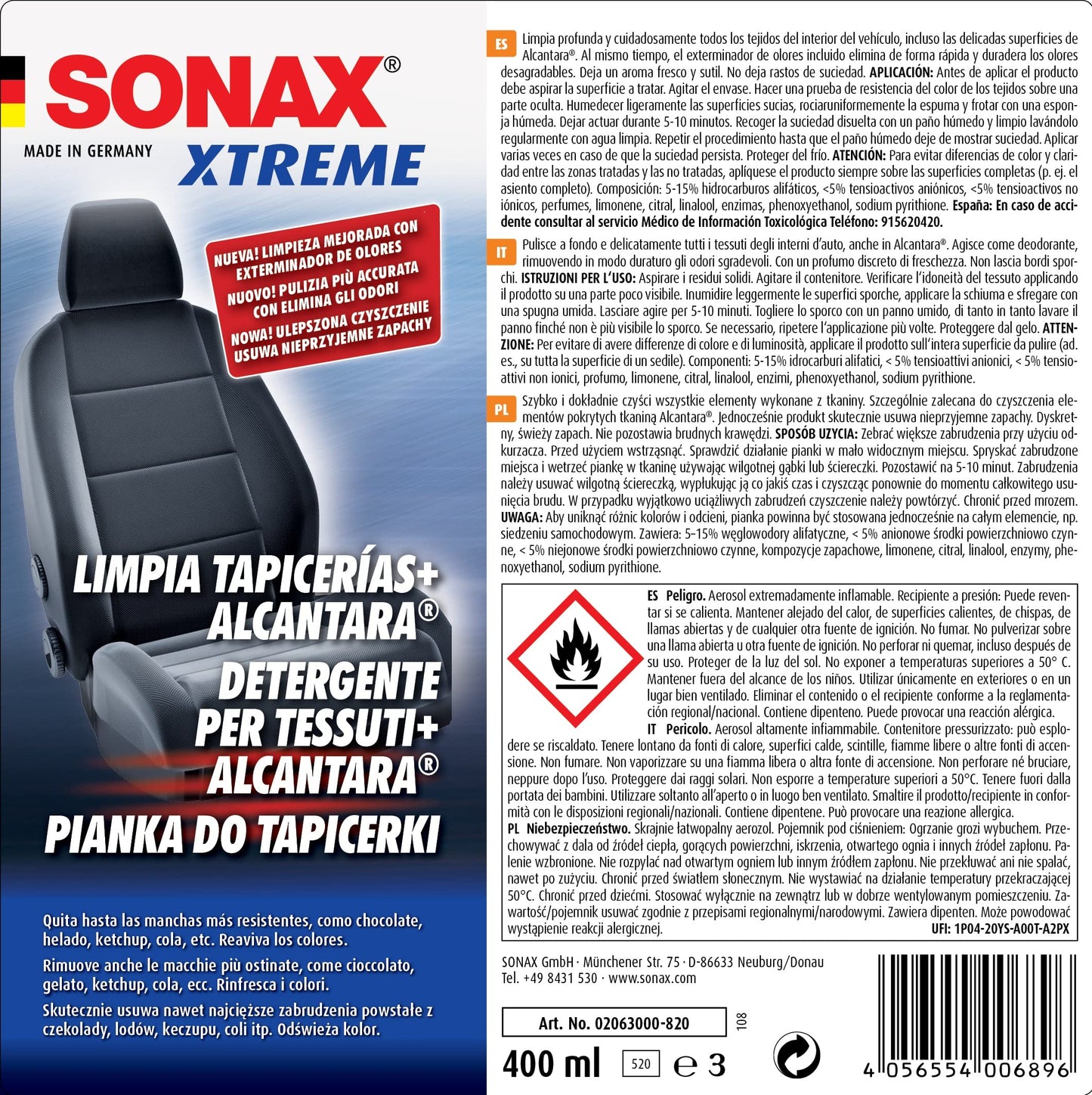 SONAX XTREME Limpiador de tapizados+Alcantara coche (400 ml) limpia todos los textiles interiores a fondo | N. 02063000-820