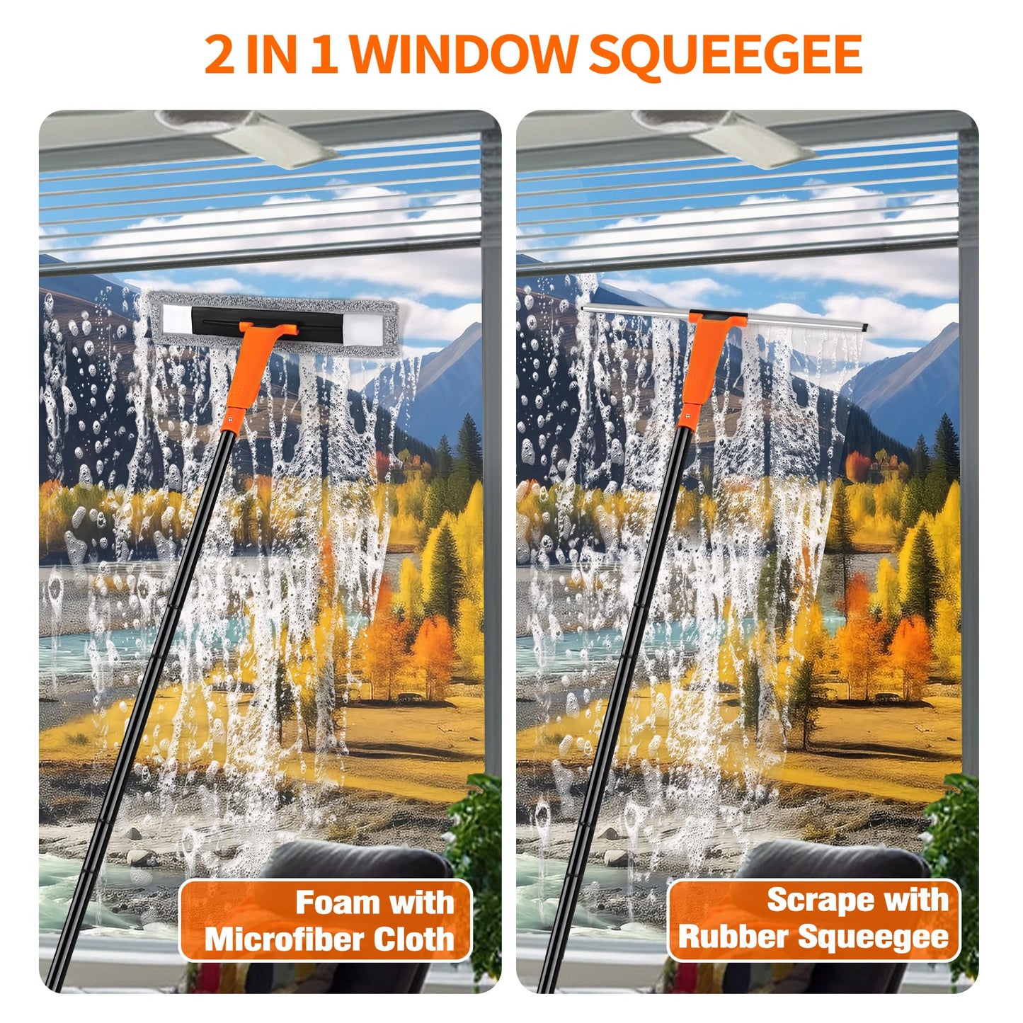 JEHONN Limpia Cristales Profesional Extensible Ventanas con152cm Limpiacristales Telescopico,2Paños de Microfibra para Exteriores Altas Vidrio Ducha Espejo Limpiar Cristal,Automóviles,Negro Y Naranja