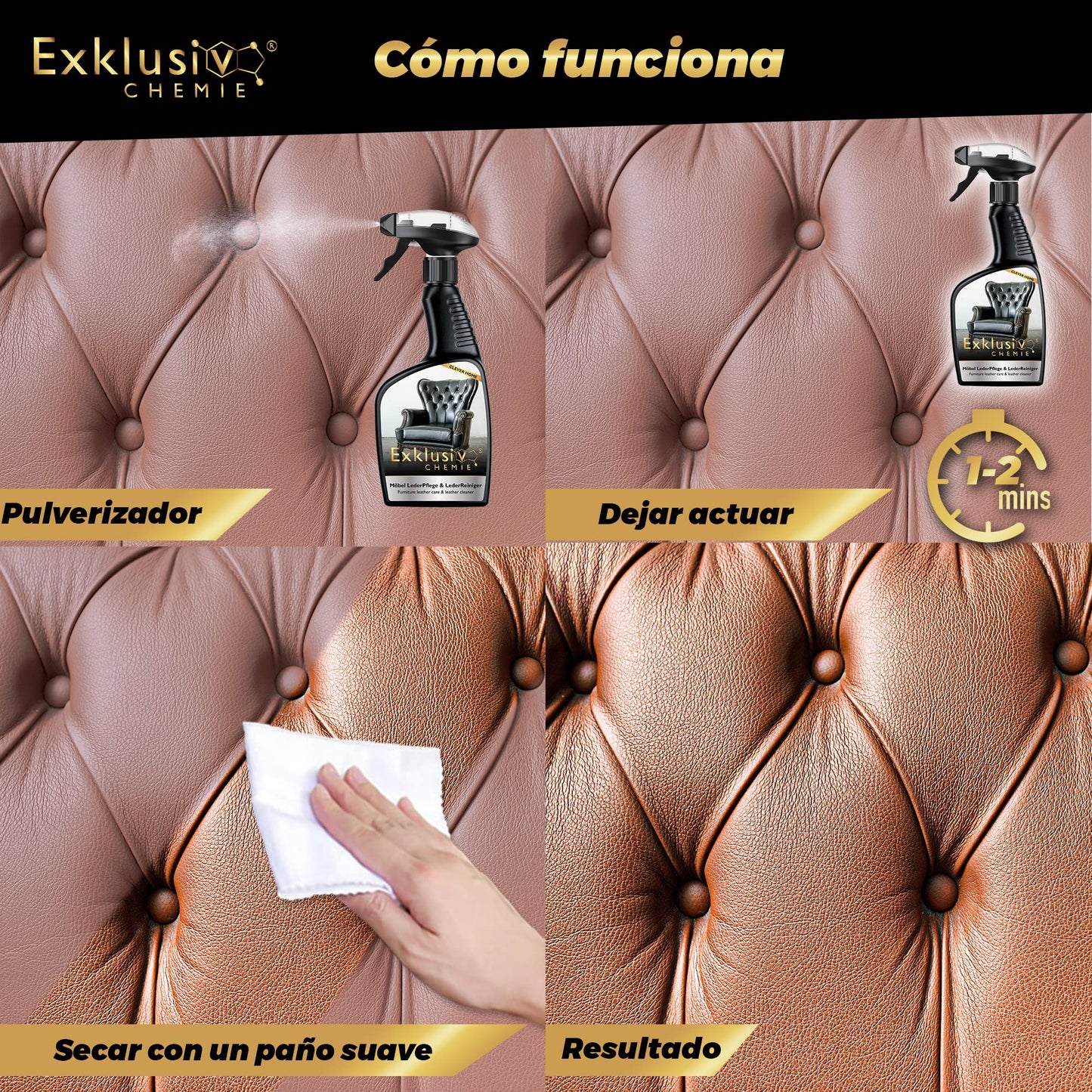 Exklusiv Chemie® Cuidado y Limpieza del Cuero de los Muebles | Cuidado de los Muebles | Cuidado del Cuero | Pulido del Cuero para Muebles de Cuero, sofás de Cuero y sofás | 500 ml