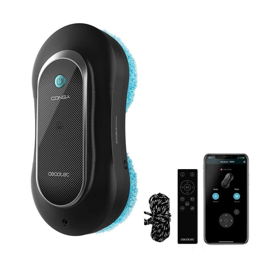 Cecotec Robot Limpiacristales Conga Windroid 1090 Double Spray Connected, 3 en 1; Pulveriza, Limpia y Seca, Doble Spray, App y Mando, 8 Modos, Radio de acción 7,5m, Cuerda de Seguridad, Kit Limpieza