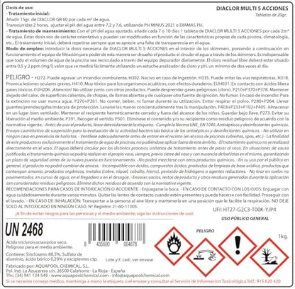 Kit Cloro Piscinas Pequeñas DIACLOR Multi 5 ACCIONES 1 KG (Pastillas 20 GR) SIN Cobre + DOSIFICADOR + TERMÓMETRO