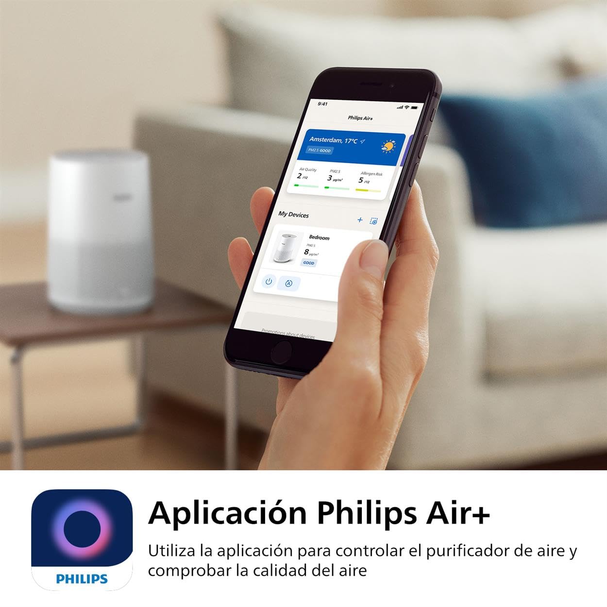 Philips Purificador de Aire Serie 600, Eficiencia Energética, Sensor Inteligente, Ideal para Alérgicos, Filtro HEPA 99,97%, Cubre Hasta 44 m², Control por App Philips Air+, Blanco (AC0651/10)