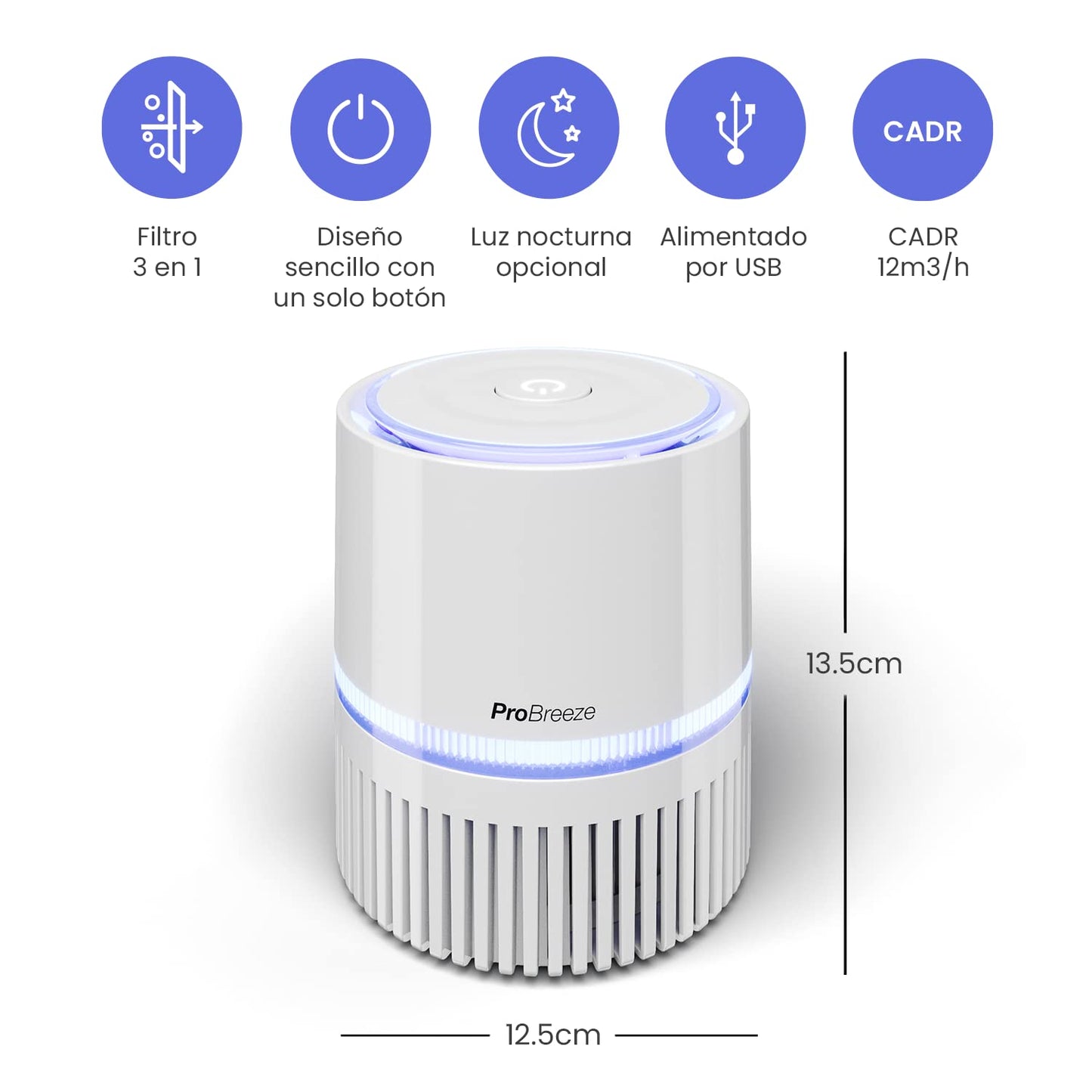 Pro Breeze Purificador de Aire Mini con Auténtico Filtro HEPA e Ionizador - Limpiador de Aire Personal de Escritorio con Luz Nocturna - Para Hogar, Trabajo, Oficinas | USB y Alimentación Principal