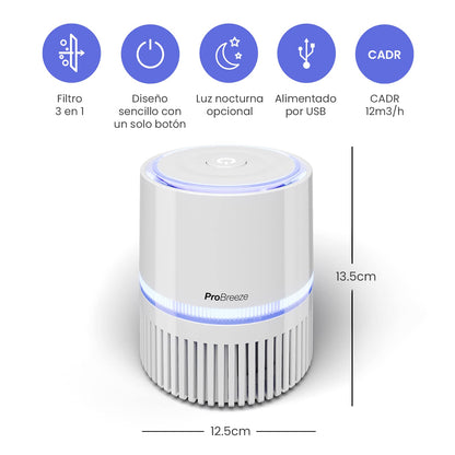 Pro Breeze Purificador de Aire Mini con Auténtico Filtro HEPA e Ionizador - Limpiador de Aire Personal de Escritorio con Luz Nocturna - Para Hogar, Trabajo, Oficinas | USB y Alimentación Principal