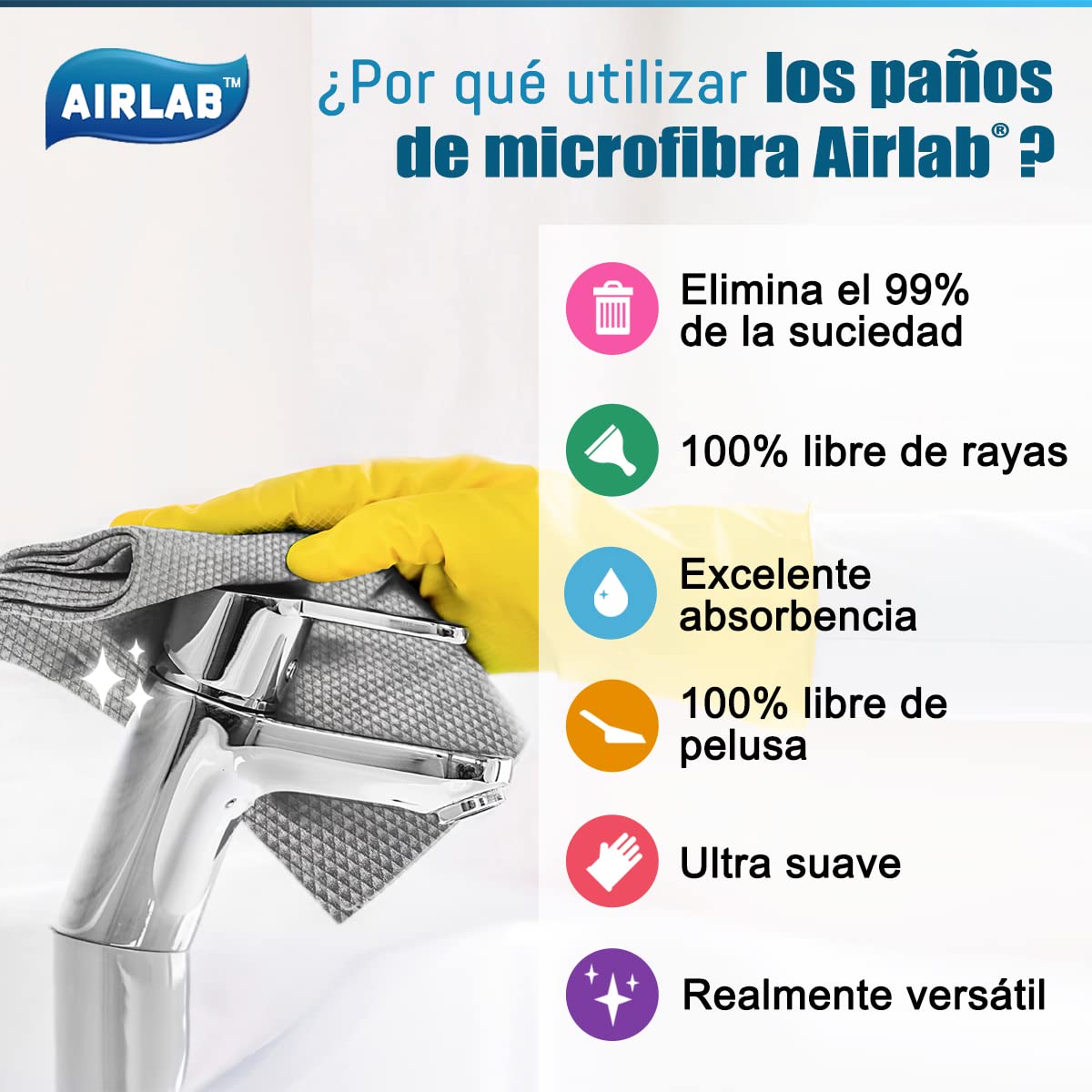 Airlab 8X Nano Paños de Limpieza Magico, Bayetas de Microfibras para Cristales sin Rayas, Trapo Balletas para Cocina Coches Automóviles Ventanas Vidrios Espejos Grifos Baño, 40 x 30 cm