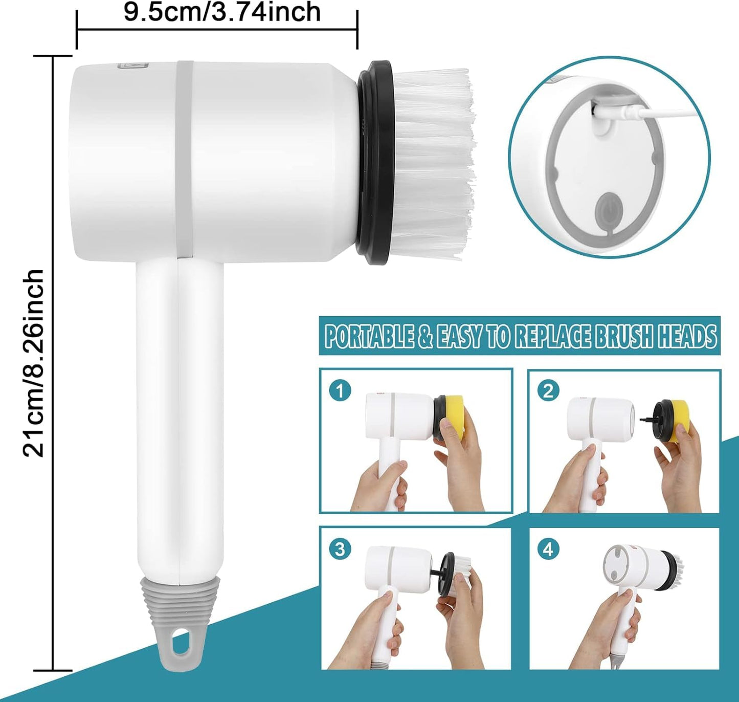 Cepillo Eléctrico Limpieza Multiusos | Kit Completo 6 Cabezales | Cocina, Baño, Lavabo, Suelos, Ruedas | Recargable, Giratorio, Portátil, Resistente