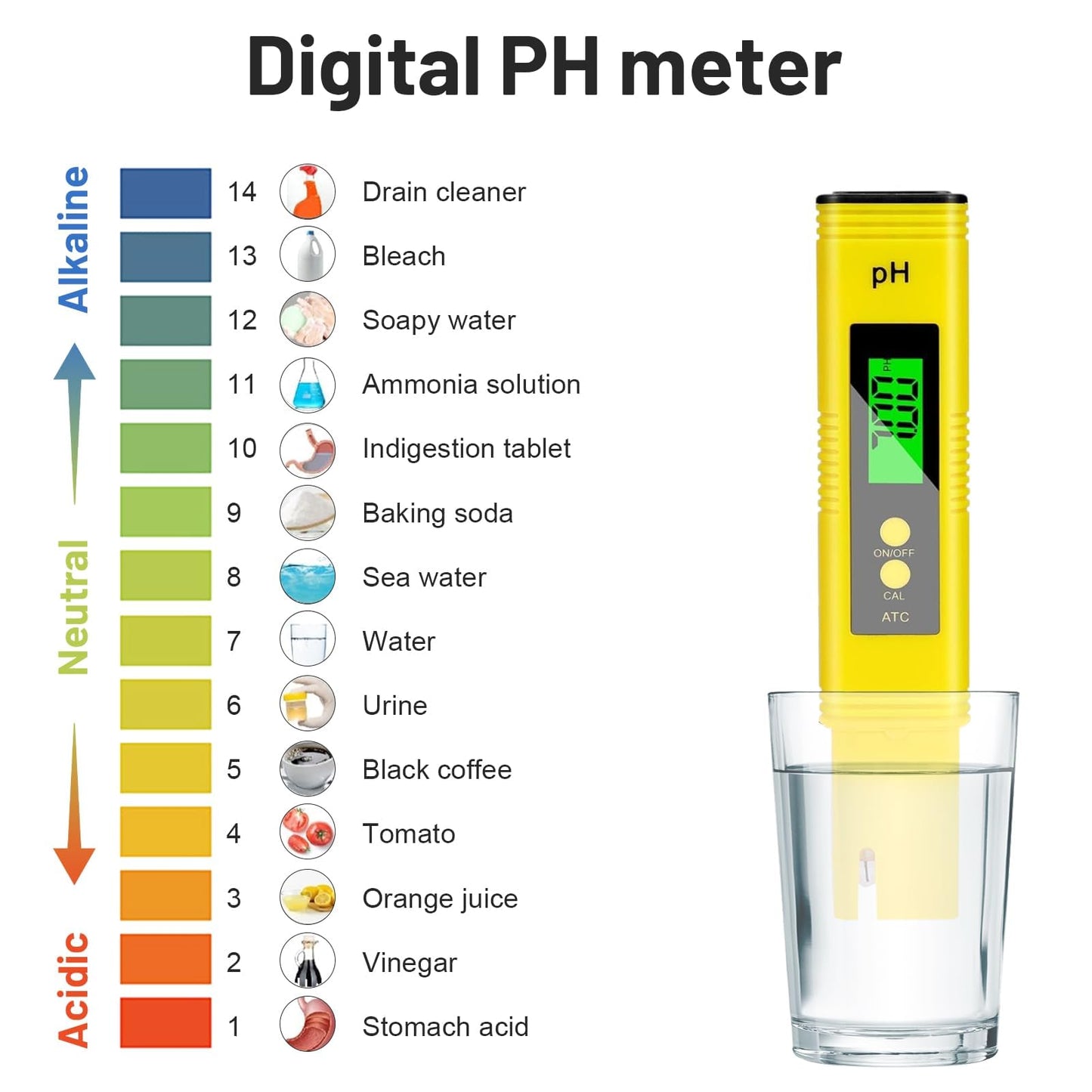 Medidor PH Tester Medidor Digital de PH 0-14 Medidor de Digital Medición de PH Pantalla Digital Alta Precisión de 0,01 Auto Calibración Pantalla LCD para Piscinas Acuario Laboratorio Amarillo