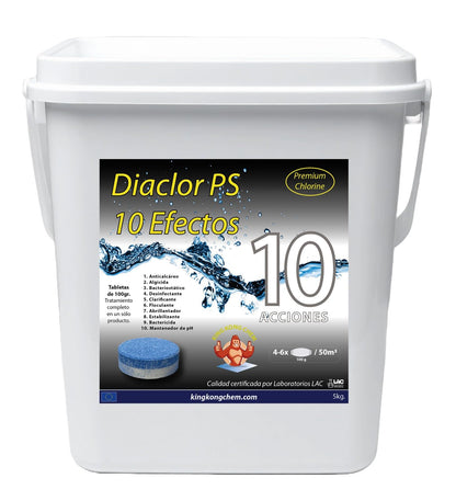 Cloro Total para Piscinas DIACLOR PS 10 Efectos 5 KG - 50 Pastillas de Cloro Multiacción (100 gr) - Tratamiento Profesional Completo