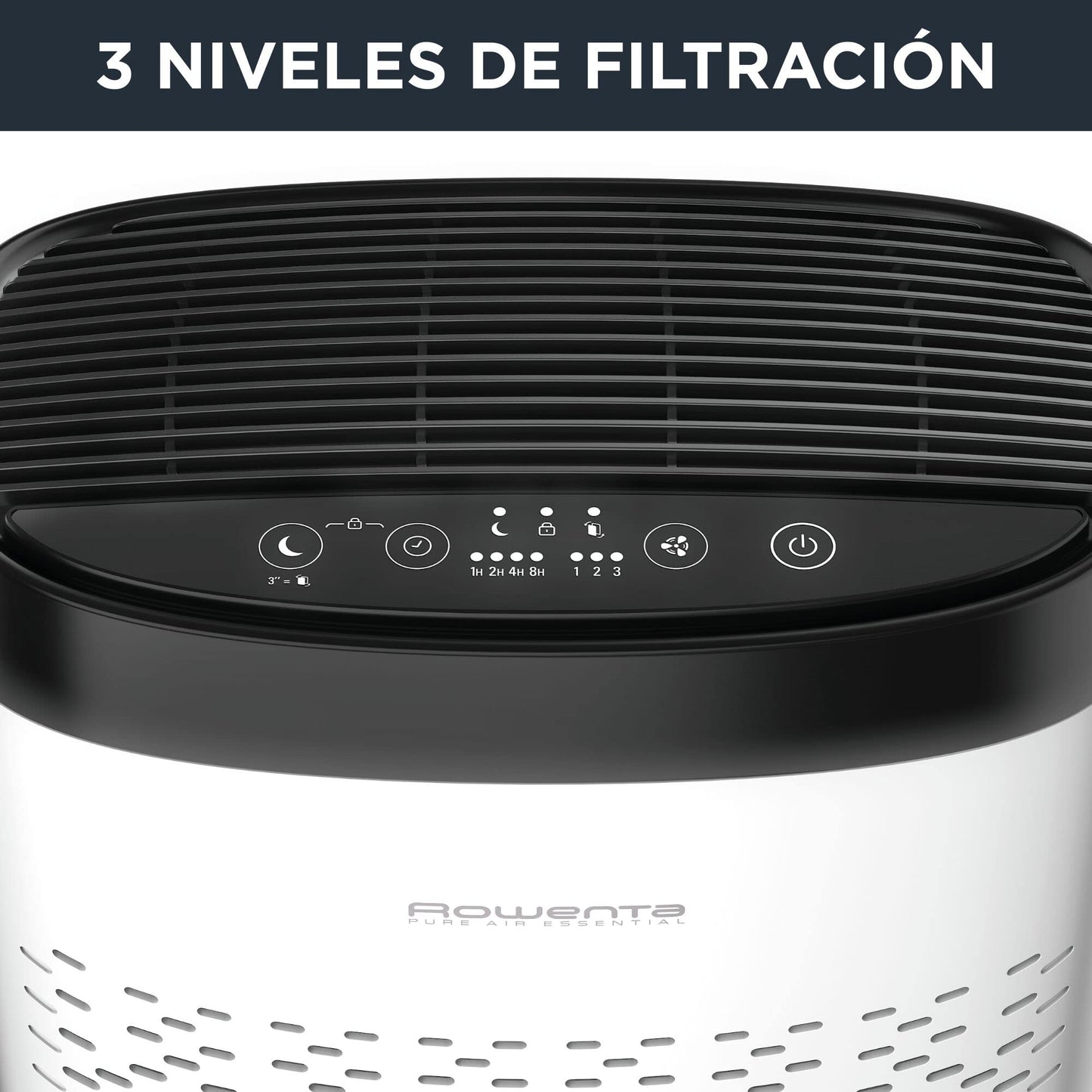 Rowenta Pure Air Essential PU2530 purificador de aire con prefiltro, filtro de carbón activo y filtro de partículas finas, 3 velocidades, modo Silencio, indicador de cambio de filtro y temporizador