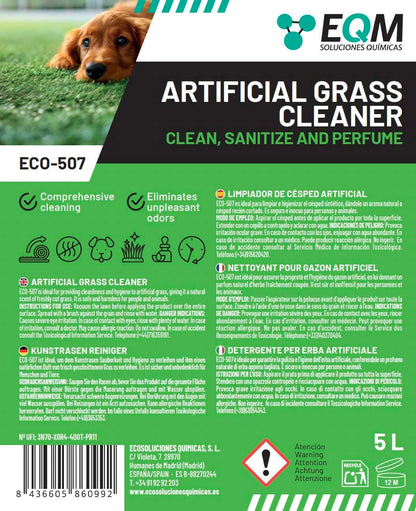 EQM - ECO-507 - Limpiador e Higienizante de Césped Artificial - 5L - Limpia, Higieniza y Perfuma - Formato ahorro, larga duración - No tóxico