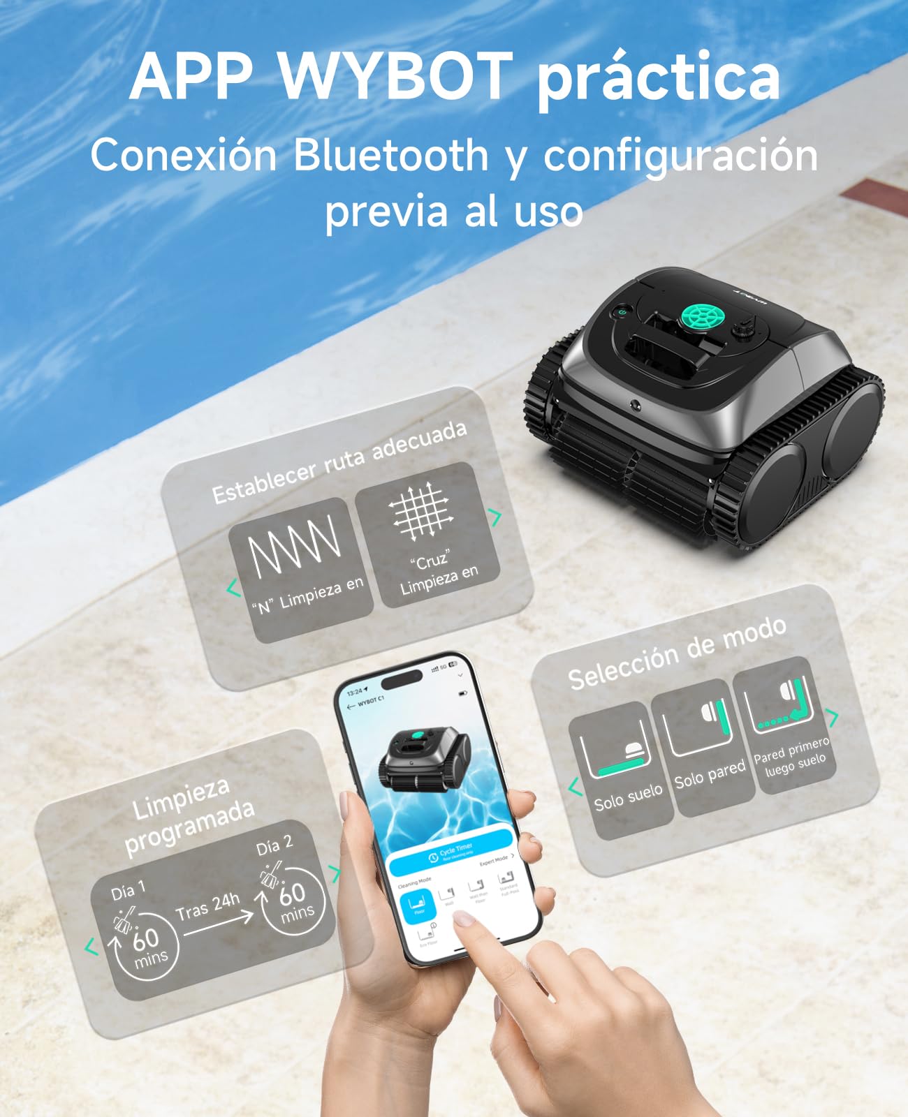 WYBOT C1 Robot Limpiafondos Piscina con Planificación Inteligente de Rutas, Limpieza Automática para Fondo/Paredes/Línea de Agua, Triple Motor Mejorado Que Funciona Durante 150 mins, hasta 150㎡