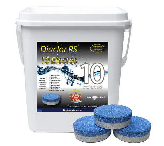 Cloro Total para Piscinas DIACLOR PS 10 Efectos 5 KG - 50 Pastillas de Cloro Multiacción (100 gr) - Tratamiento Profesional Completo