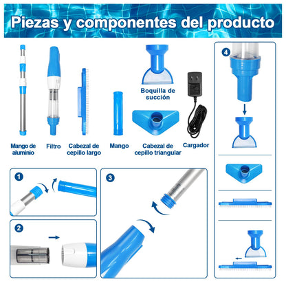 PoolyPoly 3 en 1 Limpiafondos de Piscina a Bateria, Aspirador de Piscina Inalámbrica con Mango Telescópico, Aspiradora Manual para SPA, Piccola Piscina Pequeñas, 90 Minutos Limpieza, Azul