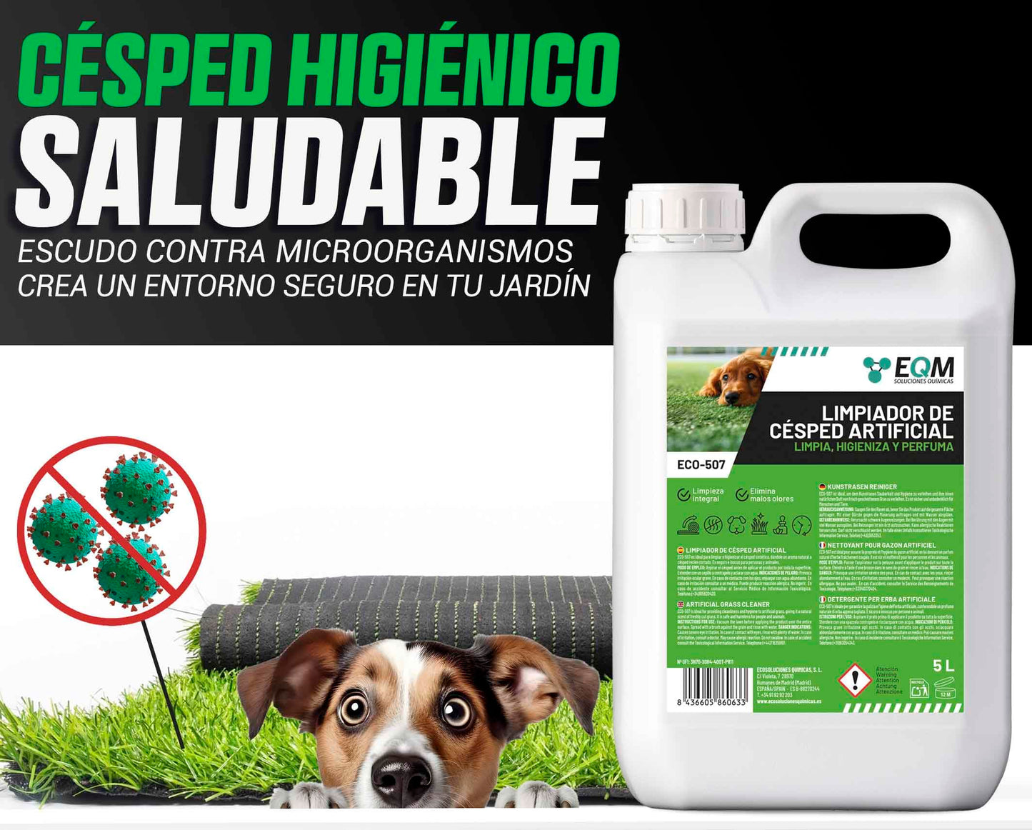 EQM - ECO-507 - Limpiador e Higienizante de Césped Artificial - 5L - Limpia, Higieniza y Perfuma - Formato ahorro, larga duración - No tóxico
