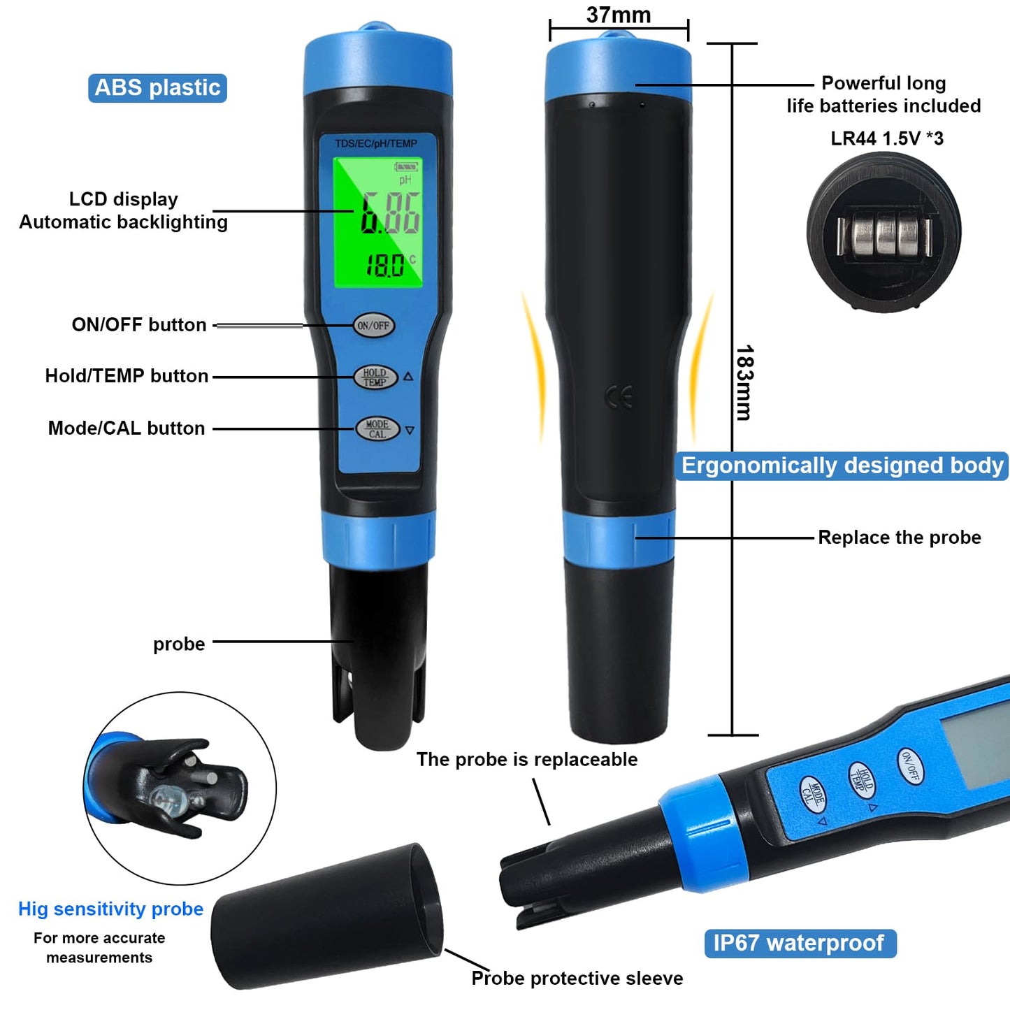 Ueomul Medidor pH Digital 4 EN 1 con TDS EC Temperatura, pH Meter Piscina Alta Precisión 0.01 Resolución, Impermeable IP67 pH Tester Agua con Compensación Automática de Temperatura
