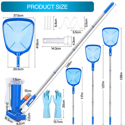 ZQEJEFD Aspirador de Piscina, Aspiradoras de Mano para Piscinas con 4 Postes de Aluminio Extraíbles y Skimmers para Piscinas, Kit de Limpieza Piscina para Bañera de Hidromasaje de Fuente de Piscina