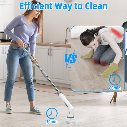 SOBEAU Cepillo De Limpieza Electric, Electrico Limpieza Hogar con 9 Cabezales de Cepillo de Repuesto, Cepillo Limpieza Electrico Mango Ajustable 2 Velocidades para Baño, Coche, Cocina,Suelo