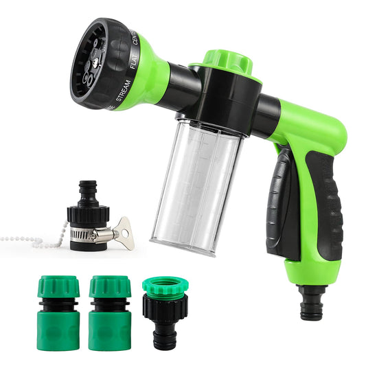 Pistola de Riego, Pistola de Agua para Jardín Manguera, 8 Modos Pulverizar Ajustable Alta Presión Boquilla de Espuma con Dispensador para Lavado Coche y Mascota, Regar Planta y Césped