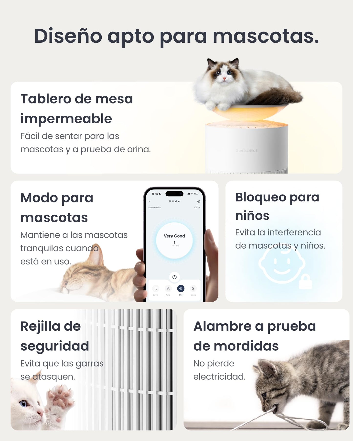 SwitchBot Purificador De Aire Con App Y Luz Nocturna, CADR 400m³/h Hasta 83㎡, Filtro HEPA Elimina 99.97% De Moho, Polvo, Polen, Modo Sueño 20dB, Modo Mascotas Para Familias Con Animales