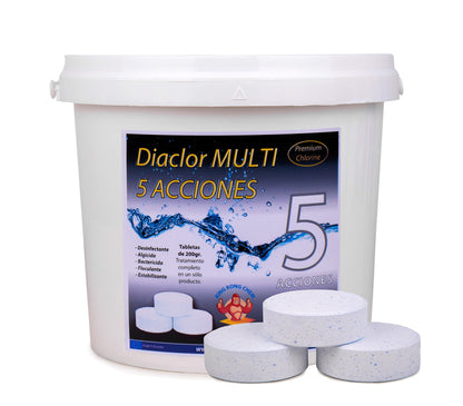 Pastillas de Cloro para Piscinas DIACLOR Multi 5 ACCIONES 5 KG - Envasado Individual - 25 Pastillas de Cloro Lento (200 gr- 7,5 cm Diámetro) - Tratamiento Completo 5 Efectos - SIN Cobre -