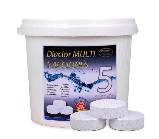 Pastillas de Cloro para Piscinas DIACLOR Multi 5 ACCIONES 5 KG - Envasado Individual - 25 Pastillas de Cloro Lento (200 gr- 7,5 cm Diámetro) - Tratamiento Completo 5 Efectos - SIN Cobre -