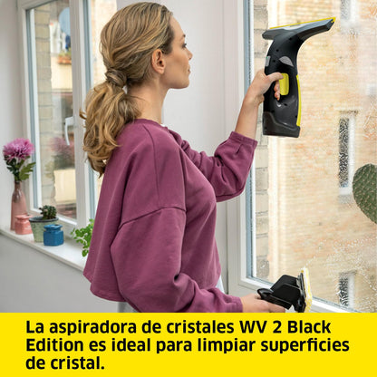 Kärcher Limpiadora de Cristales WV 2 Black Edition, Autonomía de Batería: 35 min, Indicador LED Estado Batería, 2 Boquillas de Aspiración, Pulverizador y Paño Microfibra, 20 ml Detergente