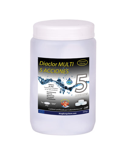 Kit Cloro Piscinas Pequeñas DIACLOR Multi 5 ACCIONES 500 GR (Pastillas 20 GR) SIN Cobre + Antialgas DIAQUAT SPA 500 ML + DOSIFICADOR
