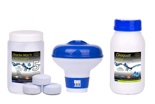 Kit Cloro Piscinas Pequeñas DIACLOR Multi 5 ACCIONES 500 GR (Pastillas 20 GR) SIN Cobre + Antialgas DIAQUAT SPA 500 ML + DOSIFICADOR