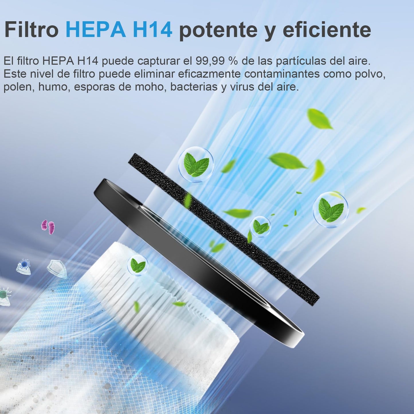 Avamia Purificador de Aire para Habitaciones Grandes de hasta 100 ㎡, Purificador HEPA H14 para Dormitorios y Dueños de Mascotas, Filtro Compacto para Polvo, Humo, Pelos de Mascotas, Caspa y Polen