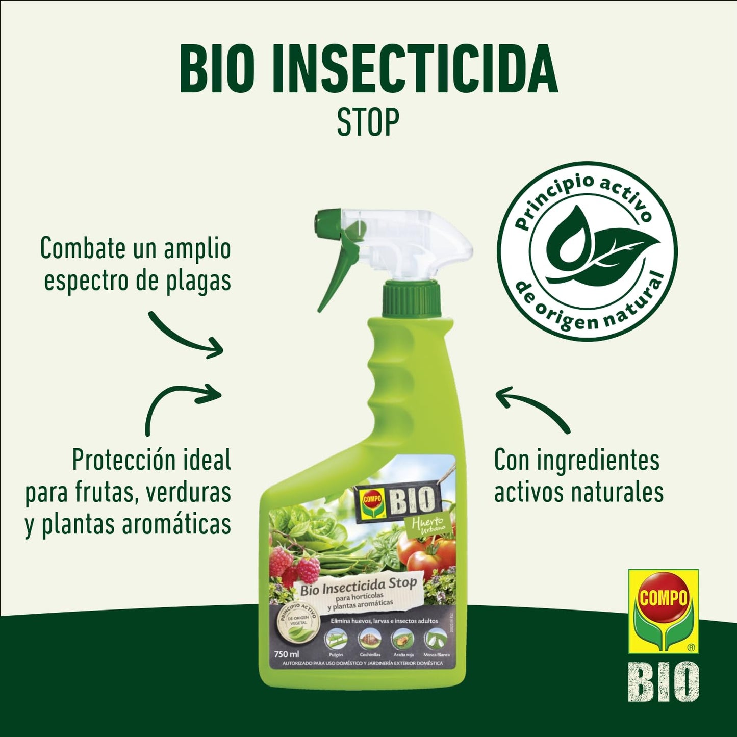 COMPO Bio Insecticida Stop, Insecticida para hortícolas y plantas aromáticas, Apto para agricultura ecológica, Control de plagas en hortalizas y plantas aromáticas, 750 ml