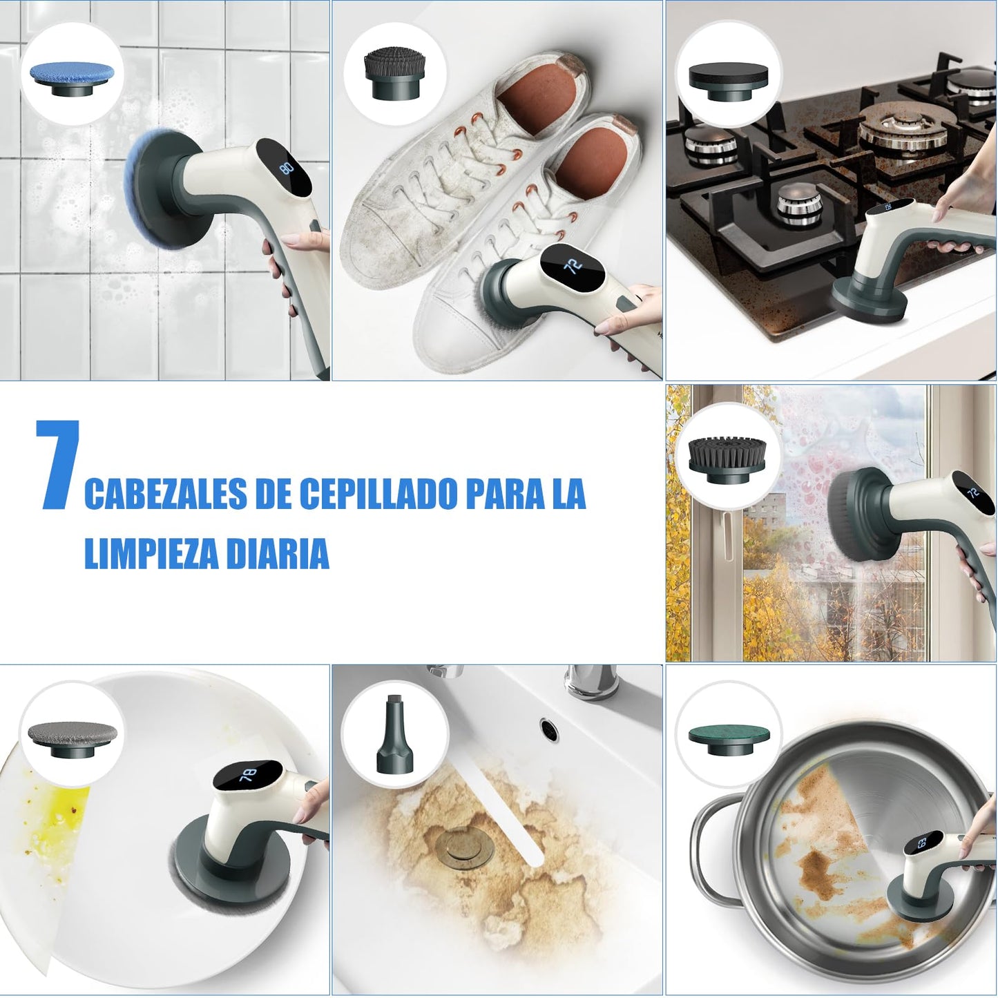 Cepillo Eléctrico Limpieza Hogar, [Pantalla de Batería] [Impermeable IPX8] Homtronics Cepillo Limpieza con 7 Cabezales, Cepillo de Limpieza para Limpiar Superficies de Cocina, Utensilios