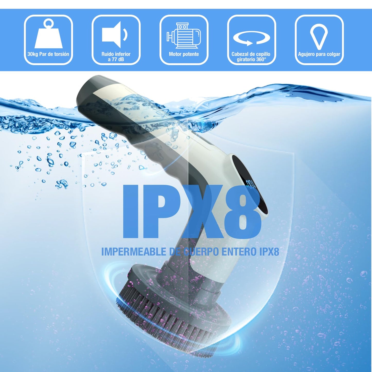 Cepillo Eléctrico Limpieza Hogar, [Pantalla de Batería] [Impermeable IPX8] Homtronics Cepillo Limpieza con 7 Cabezales, Cepillo de Limpieza para Limpiar Superficies de Cocina, Utensilios