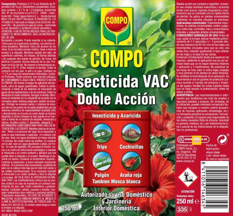 COMPO Aerosol Doble Acción, Insecticida y acaricida, Para jardinería exterior doméstica, 250 ml