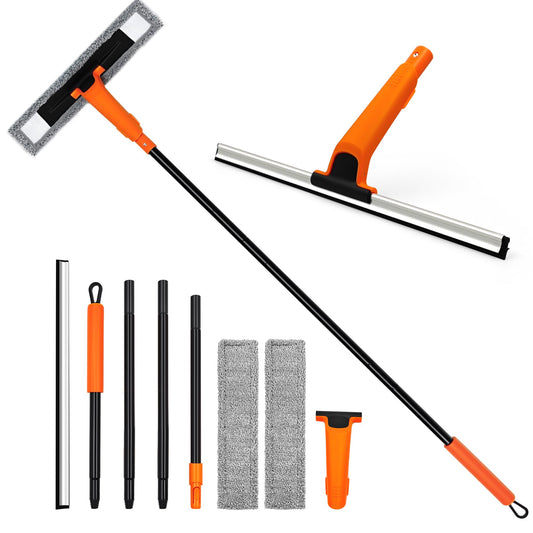 JEHONN Limpia Cristales Profesional Extensible Ventanas con152cm Limpiacristales Telescopico,2Paños de Microfibra para Exteriores Altas Vidrio Ducha Espejo Limpiar Cristal,Automóviles,Negro Y Naranja