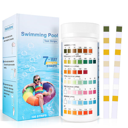 Accevo 7 en 1 Tiras de Prueba para Piscina y Spa, Kit de Prueba para 100 Piscinas, Tiras de Prueba para pH, Cloro Total, Alcalinidad Total, Dureza, Cloro Libre, Bromo, Acido Cianurico