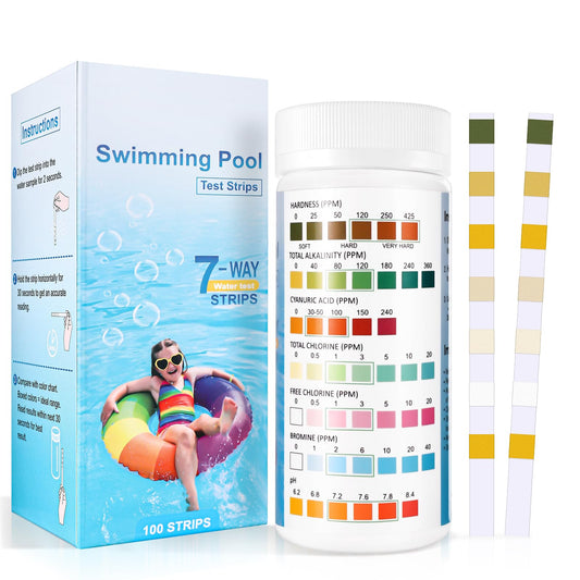 Accevo 7 en 1 Tiras de Prueba para Piscina y Spa, Kit de Prueba para 100 Piscinas, Tiras de Prueba para pH, Cloro Total, Alcalinidad Total, Dureza, Cloro Libre, Bromo, Acido Cianurico
